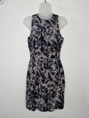Greylin Silk Snake Print Sleeveless Dress Size Small Navy Beige Mini Faux Wrap